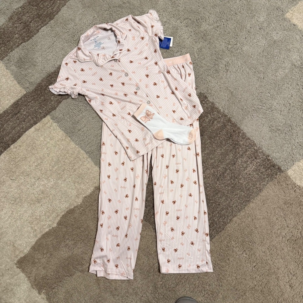 Aeropostale Kids Girls Pajama Set 3pc Top Pants Socks Teddy Bear Pink M 8/10 NEW